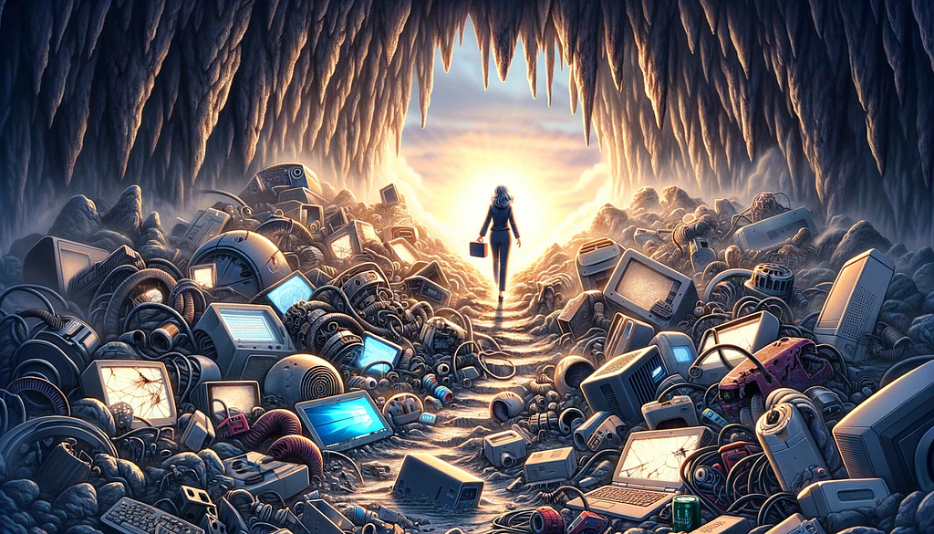 product manager walking out of a cave riddled with obsolete solutions towards the light