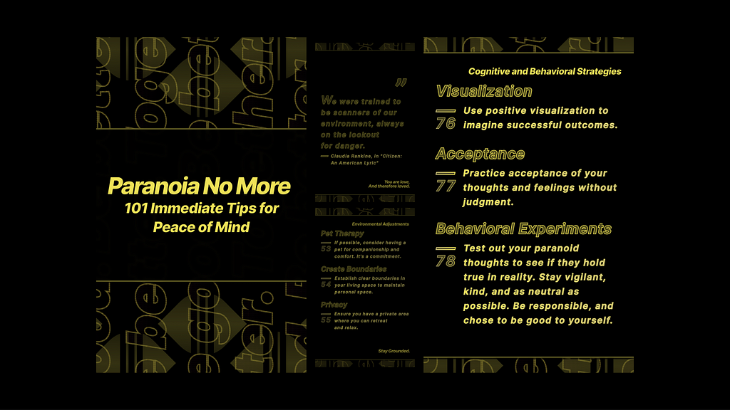 Infographic titled ‘Paranoia No More: 101 Immediate Tips for Peace of Mind’ showing cognitive and behavioral strategies like visualization, acceptance, and behavioral experiments. It also mentions pet therapy, creating boundaries, and ensuring privacy for environmental adjustments.