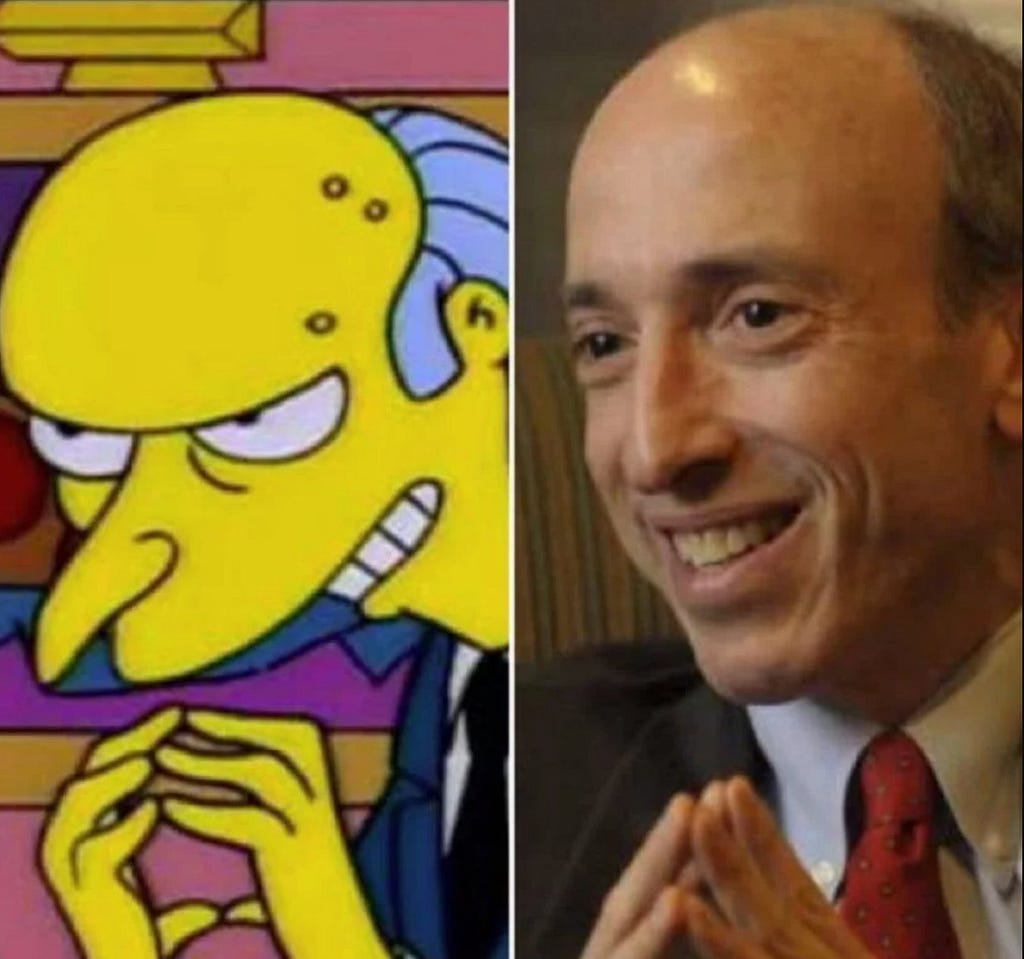 side-by-side comparison of C. Montgomery Burns from “The Simpsons” and U.S. SEC chairman Gary Gensler