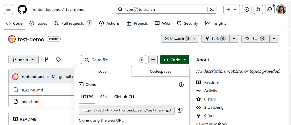 Screenshot of GitHub Repository. Code Button is Selected And The Clone Menu is Open