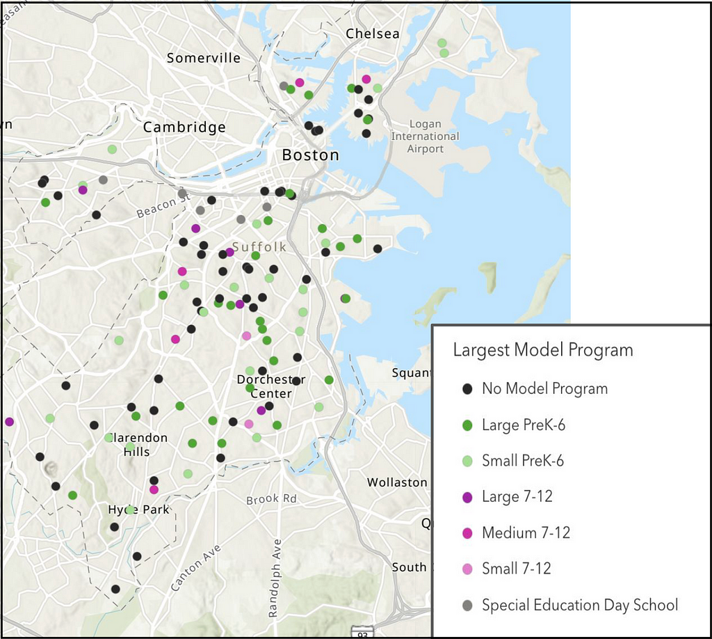 Map from a November, 2023, presentation to the School Committee with black dots marking schools that the BPS administration said could not be fixed up to support any of its four desirable school models