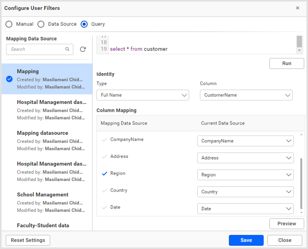 Configuring User Filter in Query Mode