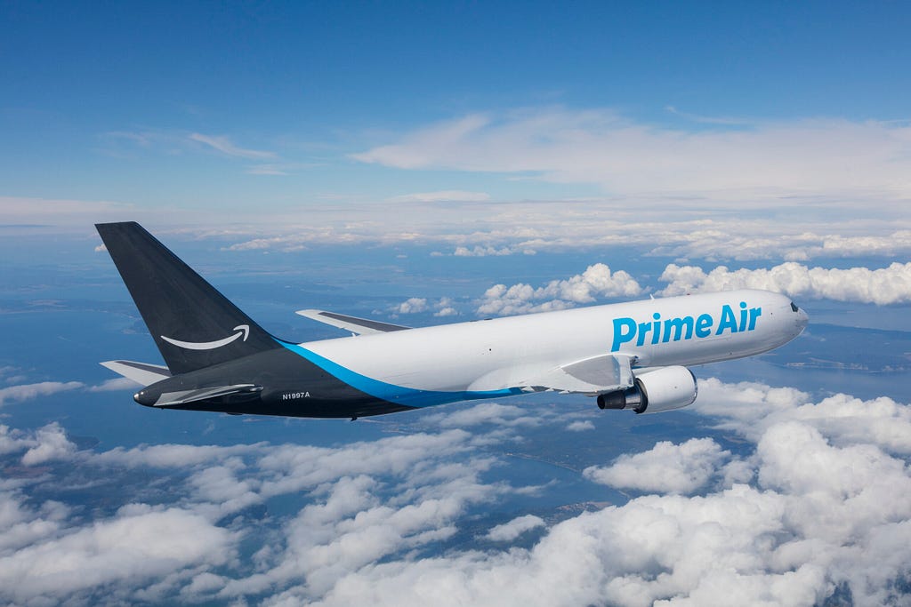 Amazon Air Plane flying in the skies.
