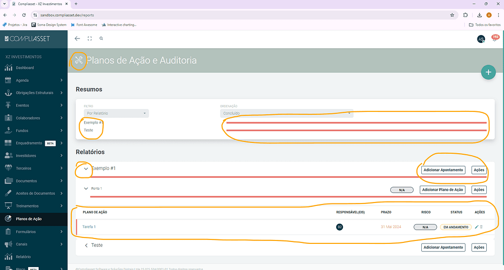 Interface do sistema Compliasset exibindo a página ‘Planos de Ação e Auditoria’. Na lateral esquerda, há um menu de navegação com várias opções, como ‘Dashboard’, ‘Agenda’ e ‘Tratamentos’. Na área principal, há seções intituladas ‘Resumos’ e ‘Relatórios’. Na seção ‘Resumos’, há filtros para selecionar relatórios e sua situação (por exemplo, ‘Exemplo’ e ‘Concluído’). Na seção ‘Relatórios’, são exibidos itens com detalhes como ‘Plano de Ação’ e ‘Tarefas’, com botões de ação, como ‘Adicionar Aponta