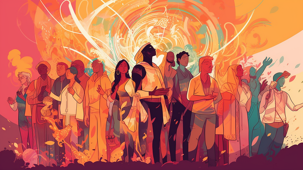 A vibrant illustration depicting a diverse group of people standing together in unity against a backdrop of swirling warm colors. They appear inspired and connected by the movement around them, suggesting a sense of community and shared purpose
