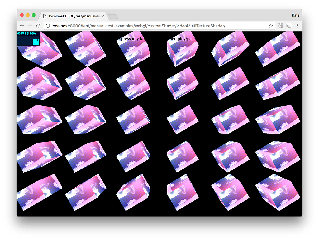 Descrição da imagem: Um grid 6x5 de cubos rotacionando em um fundo preto. Cada um dos cubos possui uma textura rosa abstrata.