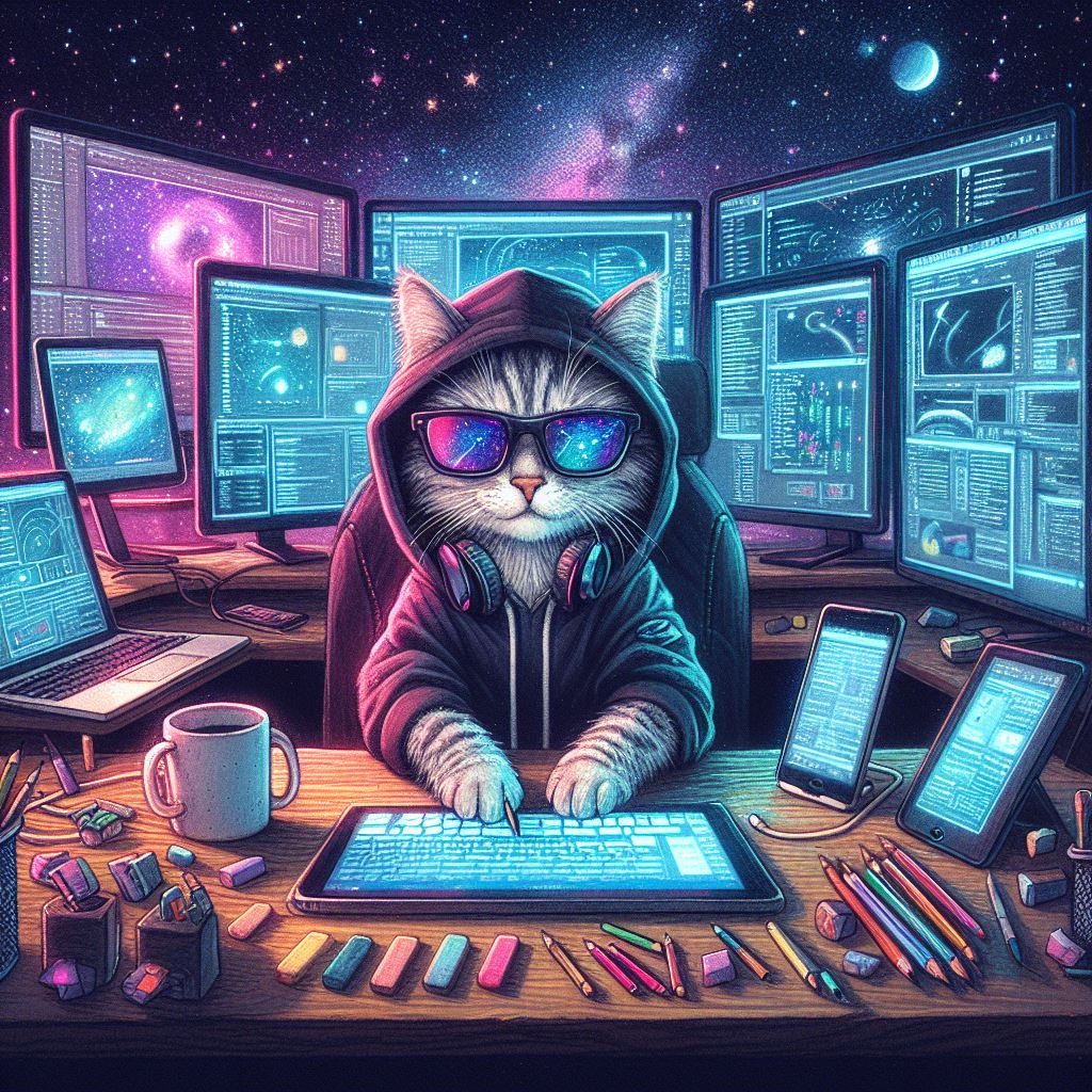 A cat working at a modern workstation surrounded by multiple screens, a tablet computer, and holding a smartphone. The desk should have a mug. The cat is also wearing a hoodie, sunglasses, and big headphones. Digital art, oil pastel, galaxy vibe