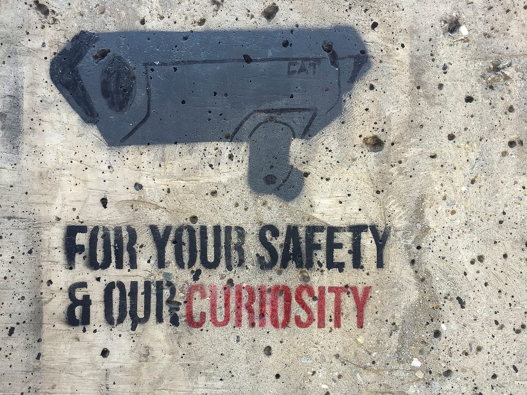 Graffiti of a security camera with the words “for your safety and our curiosity” written underneath.