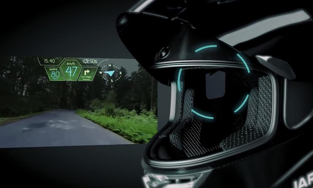 Image of a smart helmet with a function of a live back view, image projection to the glass, and head set and speaker.