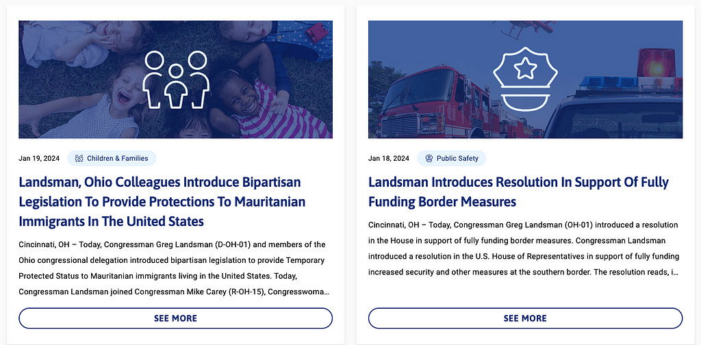 A screenshot from Rep. Landsman’s website shows the jarring juxtaposition of two press releases on immigration, with diametrically opposed values.