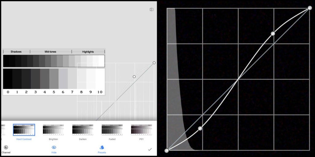 Adjust the s-curve contrast line using the contrast presets using Curves tool in Snapseed photo editing app