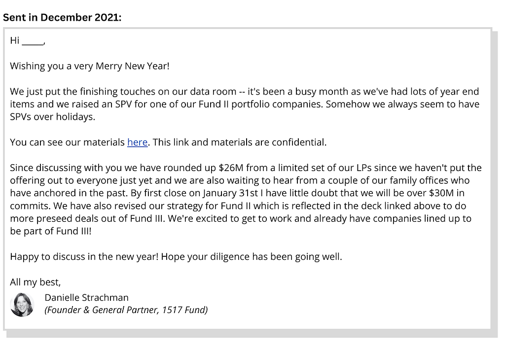 An email example from Danielle Strachman (1517 Fund) to an LP.