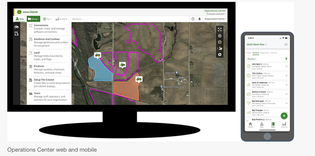 Image description: John Deere online farming management system showing on desktop and mobile screen