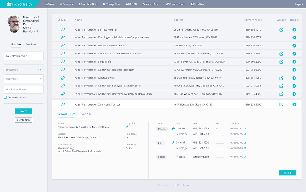 Redesigned HODOR: a search result screen after searching “Kaiser Permanente” with related results shown on the right side.