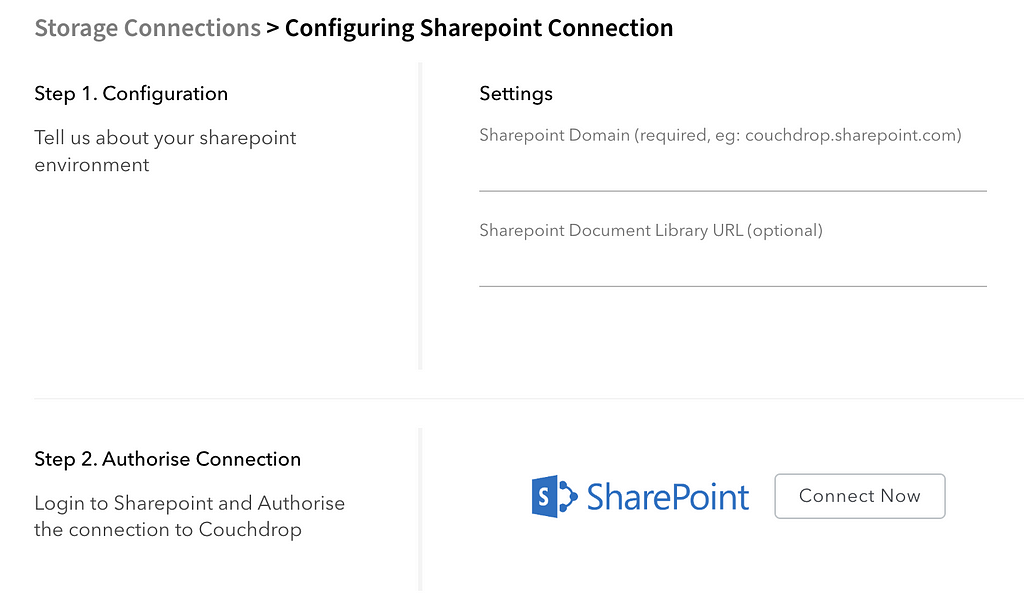 Adding a SharePoint connection in Couchdrop for file transfers from NetSuite to SharePoint.