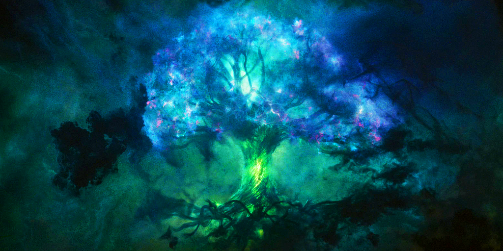 Os muitos fios do Multiverso da Marvel na forma de Yddgrasil, a árvore da vida e centro da mitologia nórdica. Loki está mantendo tudo conectado para evitar o colapso da realidade. Nenhuma pessoa aparece na foto, plano médio, ângulo normal. Cena retirada da série Loki.