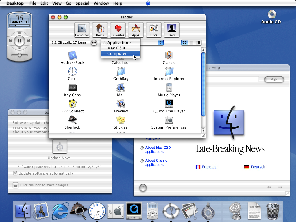 A screenshot of the MacOS X home screen with three opened windows and a dock bar.