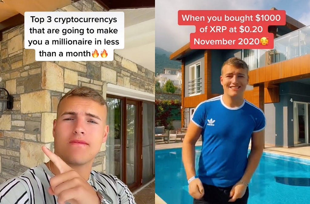 combination of 2 TikTok screenshots where some douche says “Top 3 cryptocurrencys that are going to make you a millionaire in less than a month 🔥🔥” and “When you bought $1000 of XRP at $0.20 November 2020🥰”