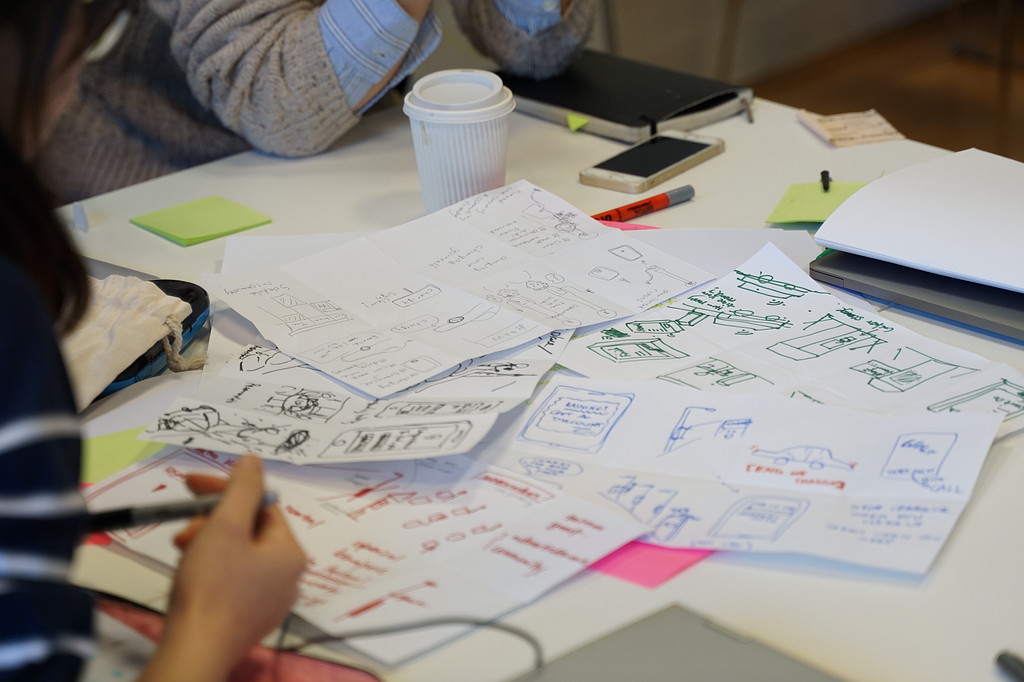 Sketching games like ‘crazy 8s’, where participants sketch out 8 ideas in 8 minutes, can be a great way to brainstorm in a co-design workshop.