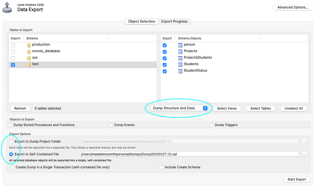 The ‘Data Export’ page in MySQL Workbench