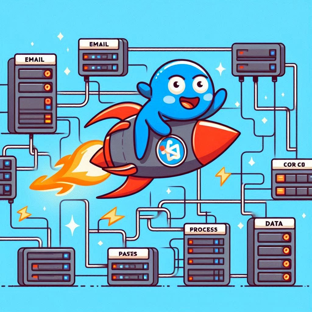 A cartoon-style illustration of a rocket-powered Laravel mascot zipping through a maze of interconnected servers. Servers are labeled with tasks like “email sending,” “data processing,” and “API calls.” The mascot is smiling and leaving a trail of lightning bolts.