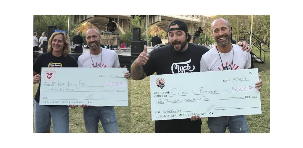 Case Erickson standing with Lisa Barden (left) Executive Director of Keep Austin Fed and Chef Aaron (right) Trucklandia 2018 Winner