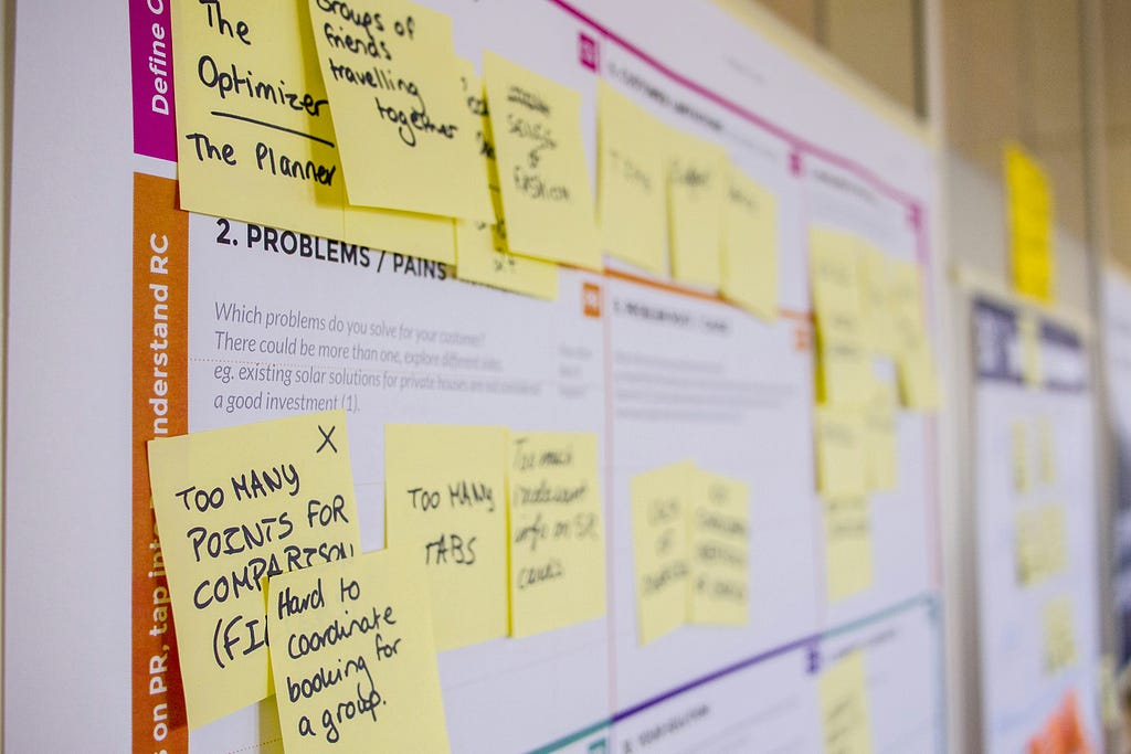 This is a photo of a whiteboard with post-it notes on it. The whiteboard is divided into sections with lines. The post-it notes are yellow in color. The post-it notes have text written on them in black marker. The text on the post-it notes appears to be related to project planning and problem solving.