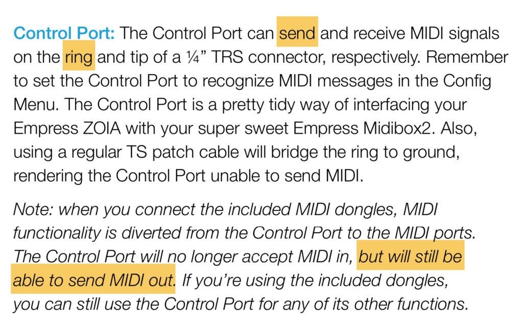 Screenshot from the Zoia manual, page 28, explaining that MIDI out is available on the ring of a TRS connector of the CPort even if the MIDI ports are being used.