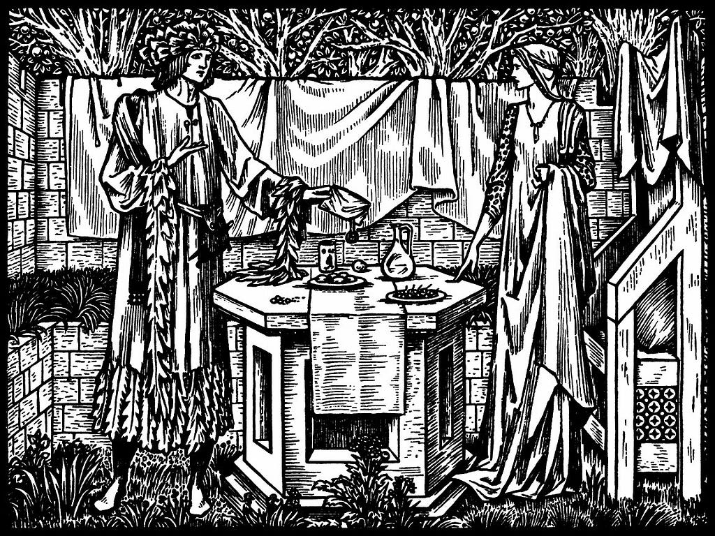 Engraving showing a man and a woman standing on opposite sides of a table. The man gives the woman a token.