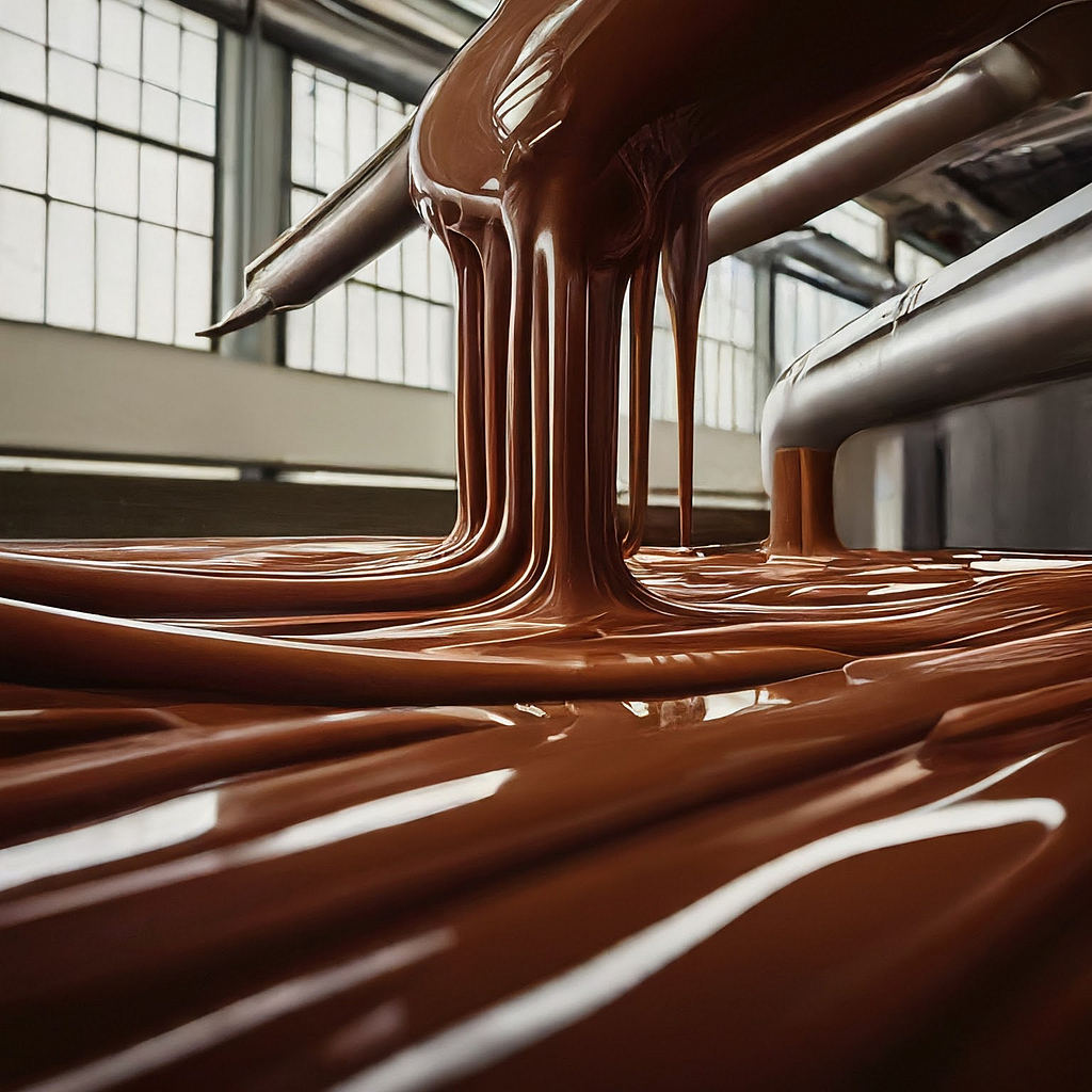 Close-up view of liquid chocolate being processed in a factory, highlighting the unseen reality of child labor in the chocolate industry.