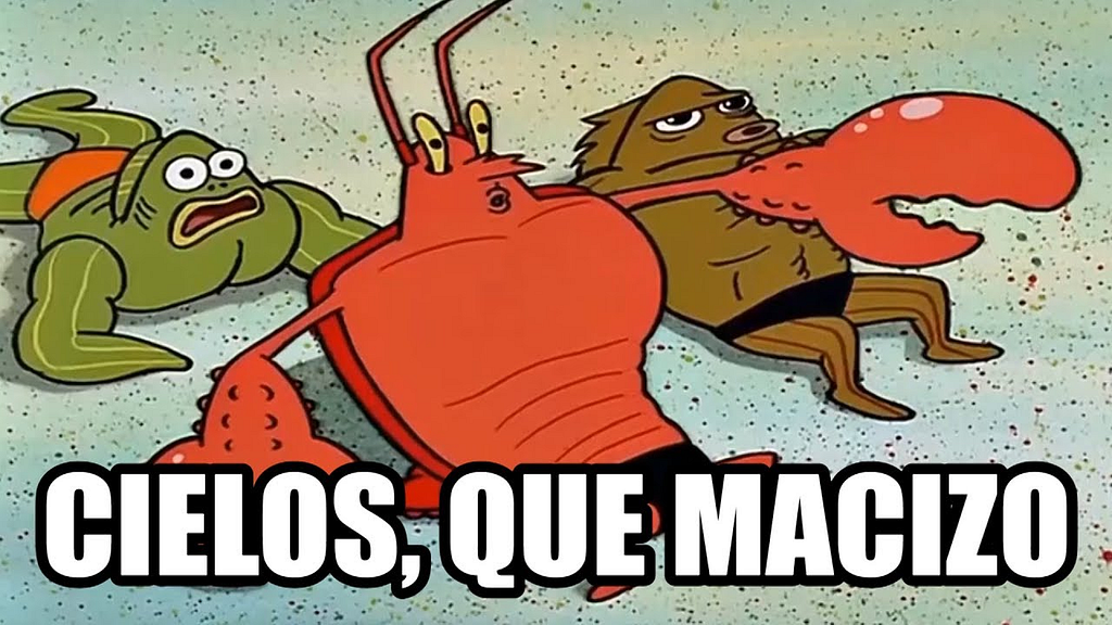 Larry langosta viendo los músculos de bob esponja