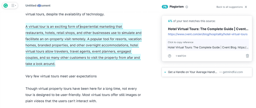 Grammarly’s Plagiarism Checker detects content that’s similar to published articles.