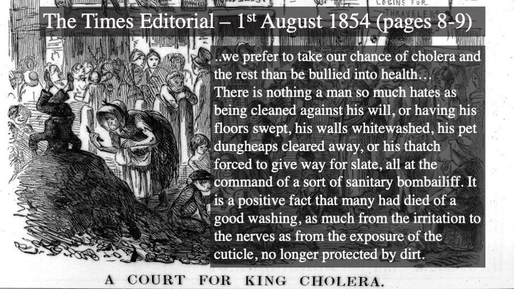 A graphic and text from the Times of London quoting people during the time of cholera being OK living in filth