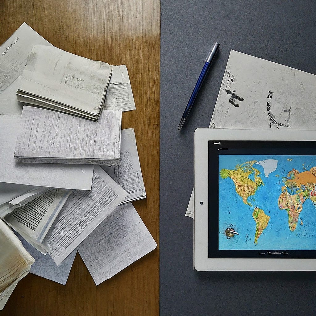 A tablet displaying a world map indicative of global supply chains, next to a stack of newspapers on a wooden surface, representing the role of digital technologies in managing international logistics and reducing Scope 3 emissions.