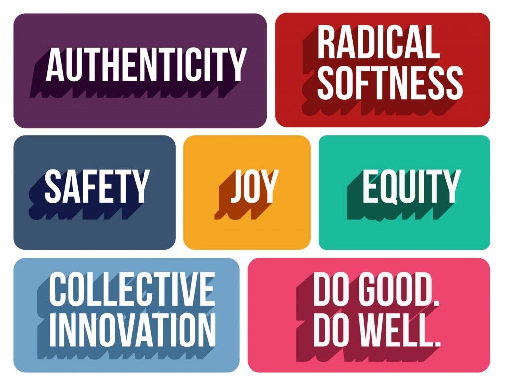 Authenticity, Radical Softness, Safety, Joy, Equity, Collective Innovation, Do Good, Do Well