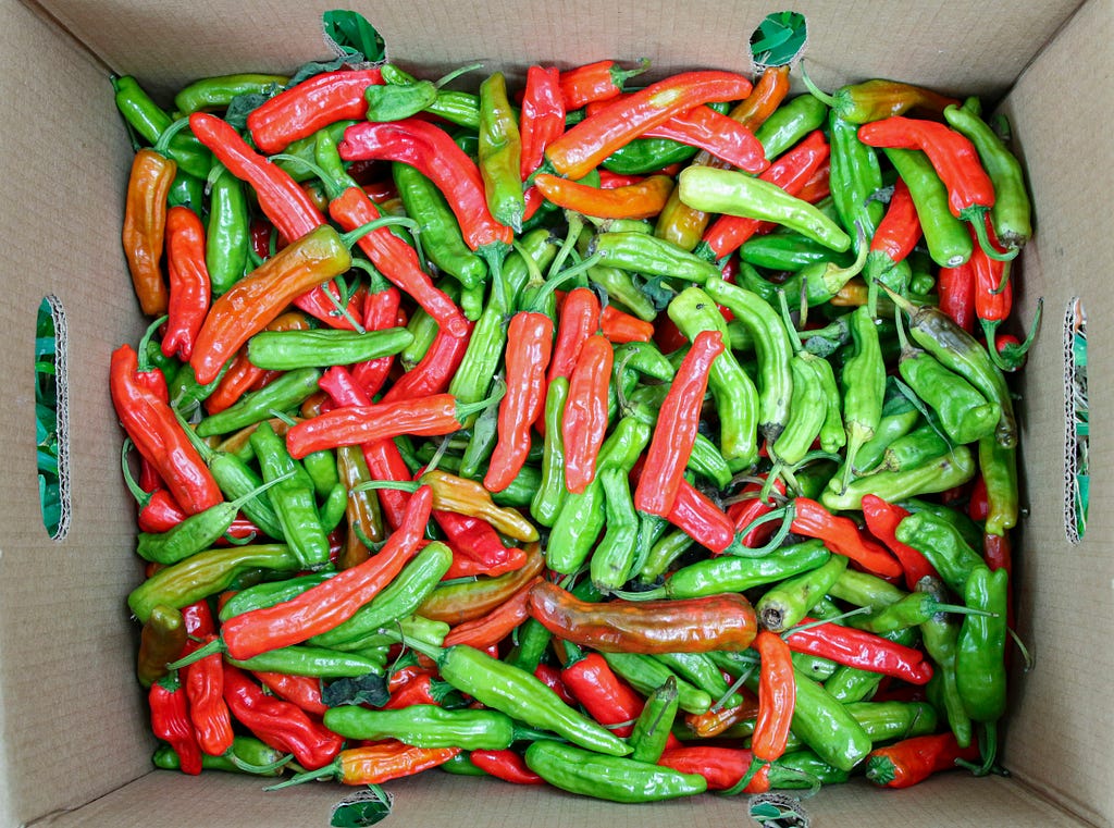 Birdseye view of a cardboard box full of red and green chilli peppers