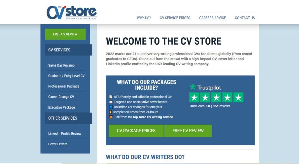 The CV Store Website homepage