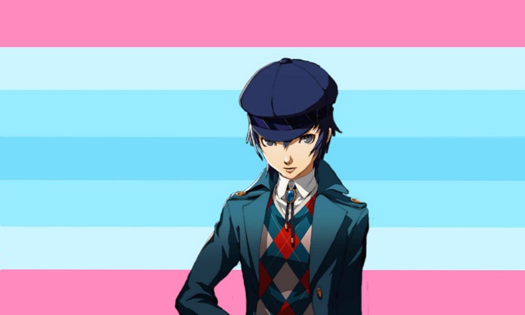 A picture of Naoto Shirogane from Persona 4 with the transmasculine flag behind them. This picture was taken from a tweet by @TransPpIRSweet on Twitter (found here: https://twitter.com/transpplrsweet/status/1292524856307744768).
