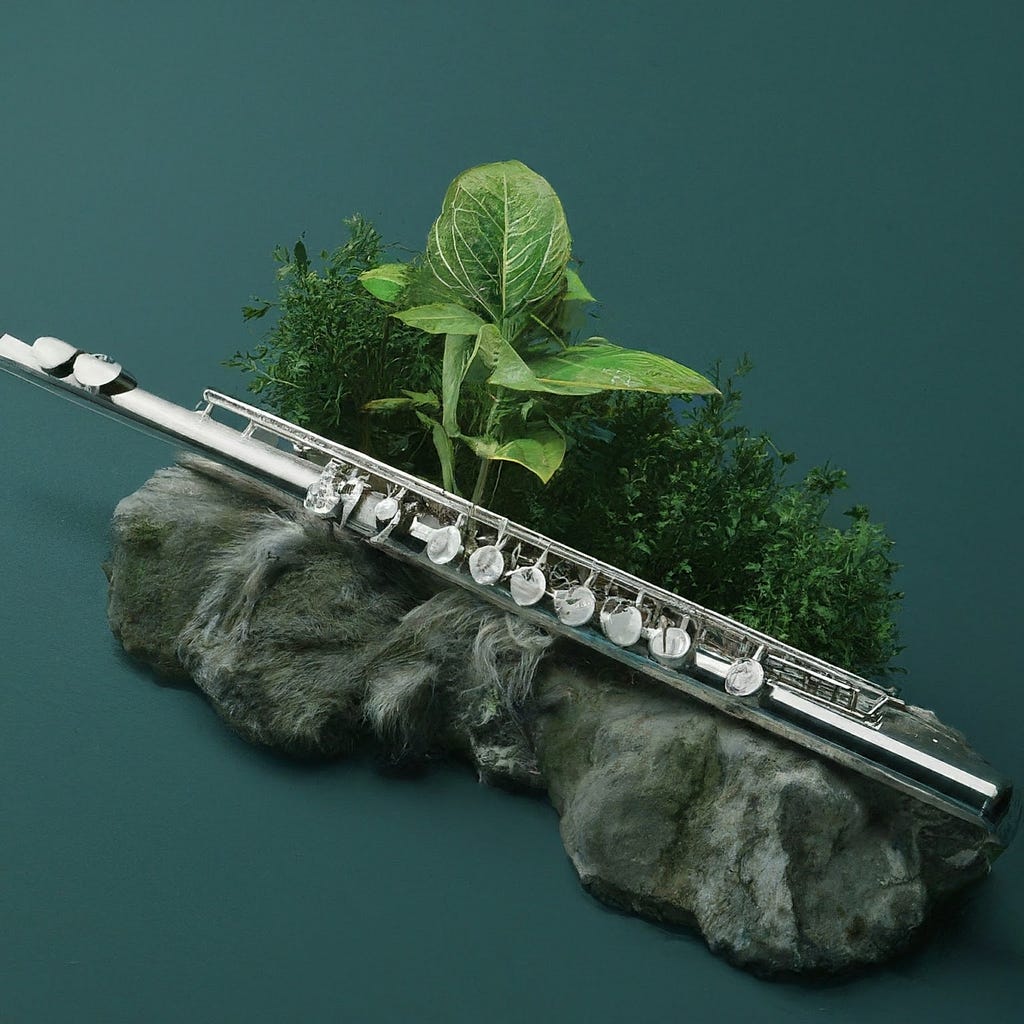 A silver flute lies horizontally on a grey rock surrounded by lush green plants, visually representing the harmony between music and nature, echoing the theme of musicians contributing to the green transition.