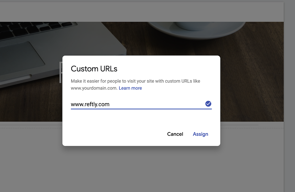 A picture of adding a custom url in the Google Sites console.