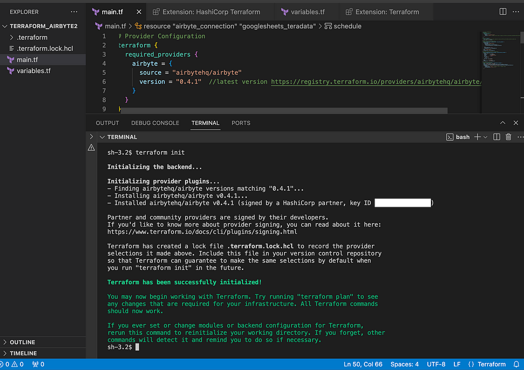 Visual Studio Code editor with Terraform configuration files, where a successful ‘terraform init’ command has been executed in the terminal, initializing the Terraform backend and provider plugins.