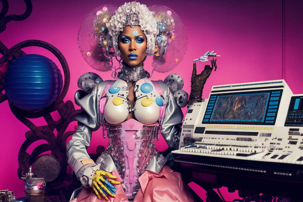 illustration of a cyborg drag queen created using Midjourney