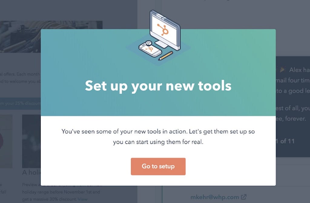 A modal inviting the user to set up their new tools.