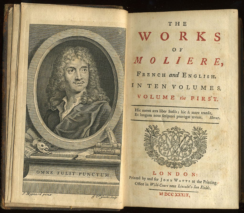 An old book with black and white portrait, with the text “Works of Moliére, French and English, in 10 Volumes.”