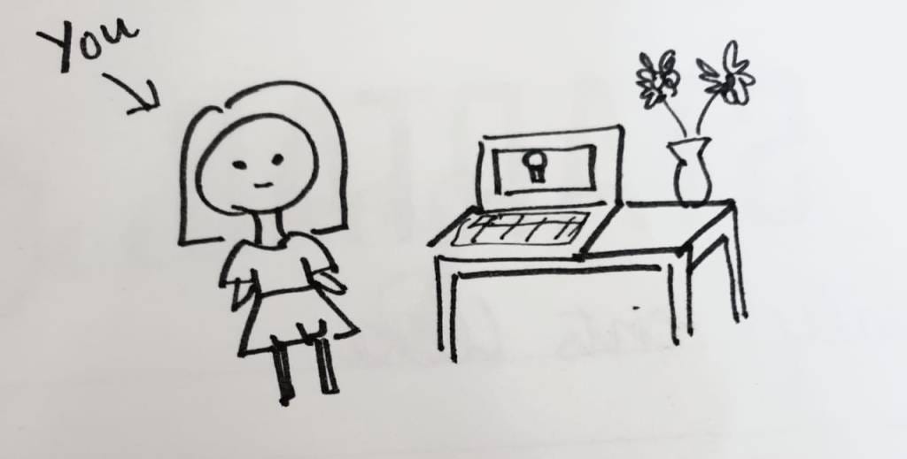 A Handrawn cartoon girl stands next to a table with a laptop.