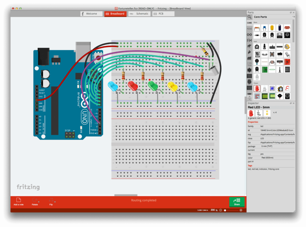 View of Breadboard circuit on Fritzing.com online tool using arduino