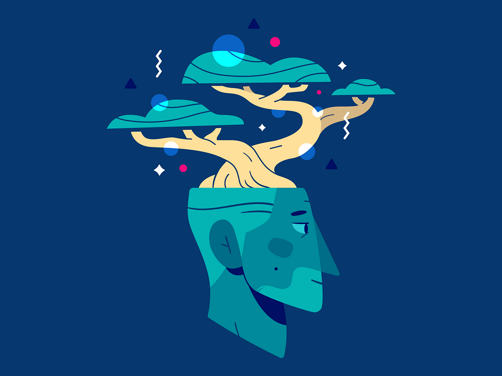 Illustration of a human head with thoughts depicted as branches