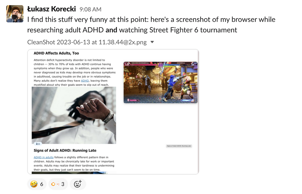 picture of article about ADHD on one side, street fighter 6 tournament playing on the other