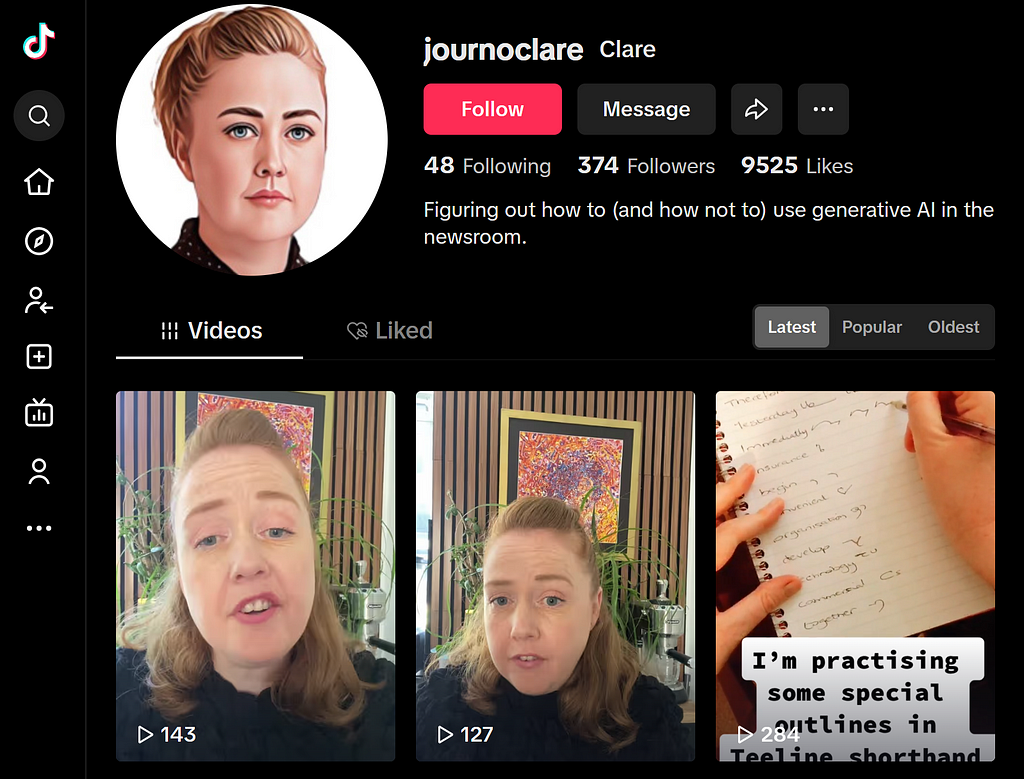 With these pitiful metrics, I am not rushing to give up the day job Alt text: The TikTok profile page for Journo Clare showing 143 plays for one video and 127 plays for another video.