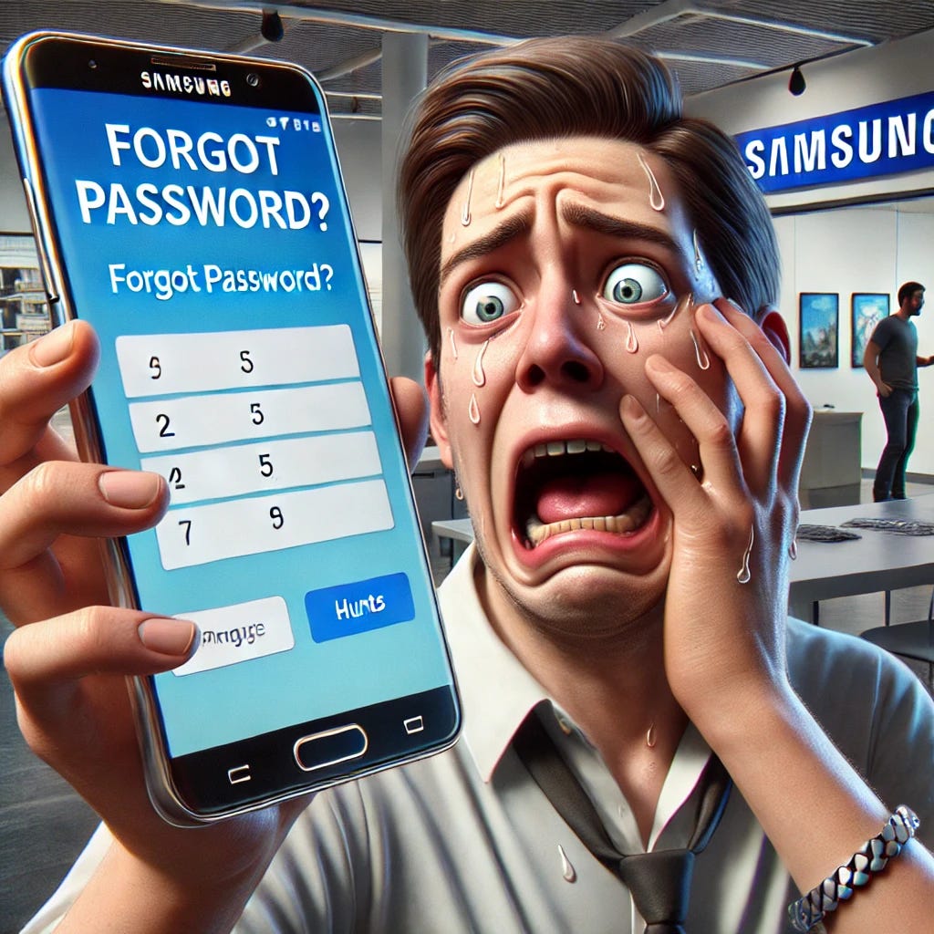 A person with a comically exaggerated worried expression is holding a Samsung phone displaying a large, clear message ‘Forgot Password?’ in bold letters. The person’s hand is trembling, and they are sweating nervously. The background is a modern indoor setting, like a tech store or a well-lit home office. Around the person, there are multiple papers with notes on unlocking methods, a computer screen showing hints, and a friend in the background looking surprised or amused. This scene humorously